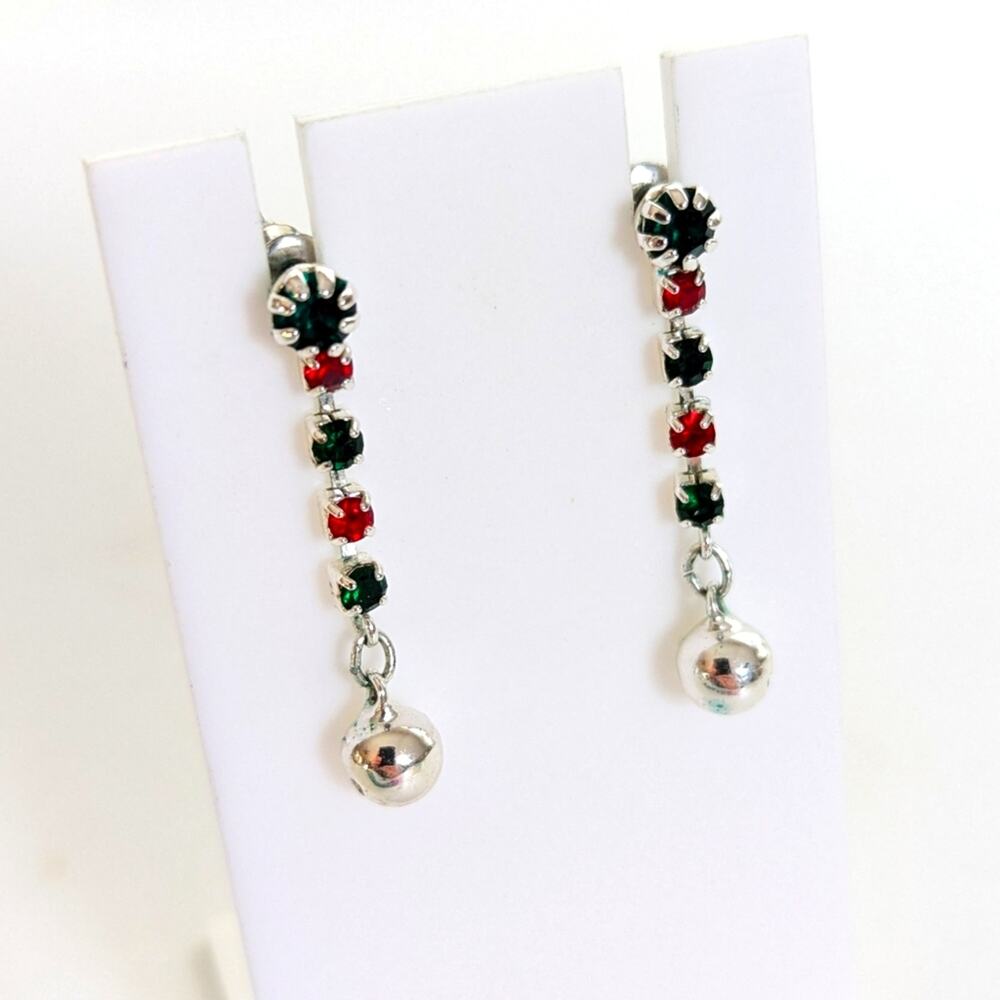 Vintage Silver Tone Red Green Glass Rhinestone Dangle Bells Post Stud Earrings